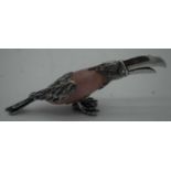 A CONTINENTAL SILVER AND ROSE QUARTZ FIGURE FIGURE OF A HORN BILLED BIRD. 84 grams. 13.75 cm x 4