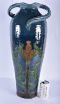 A VERY LARGE ART NOUVEAU PAINTED POTTERY FLOOR VASE Attributed to Brannam. 60 cm x 18cm.