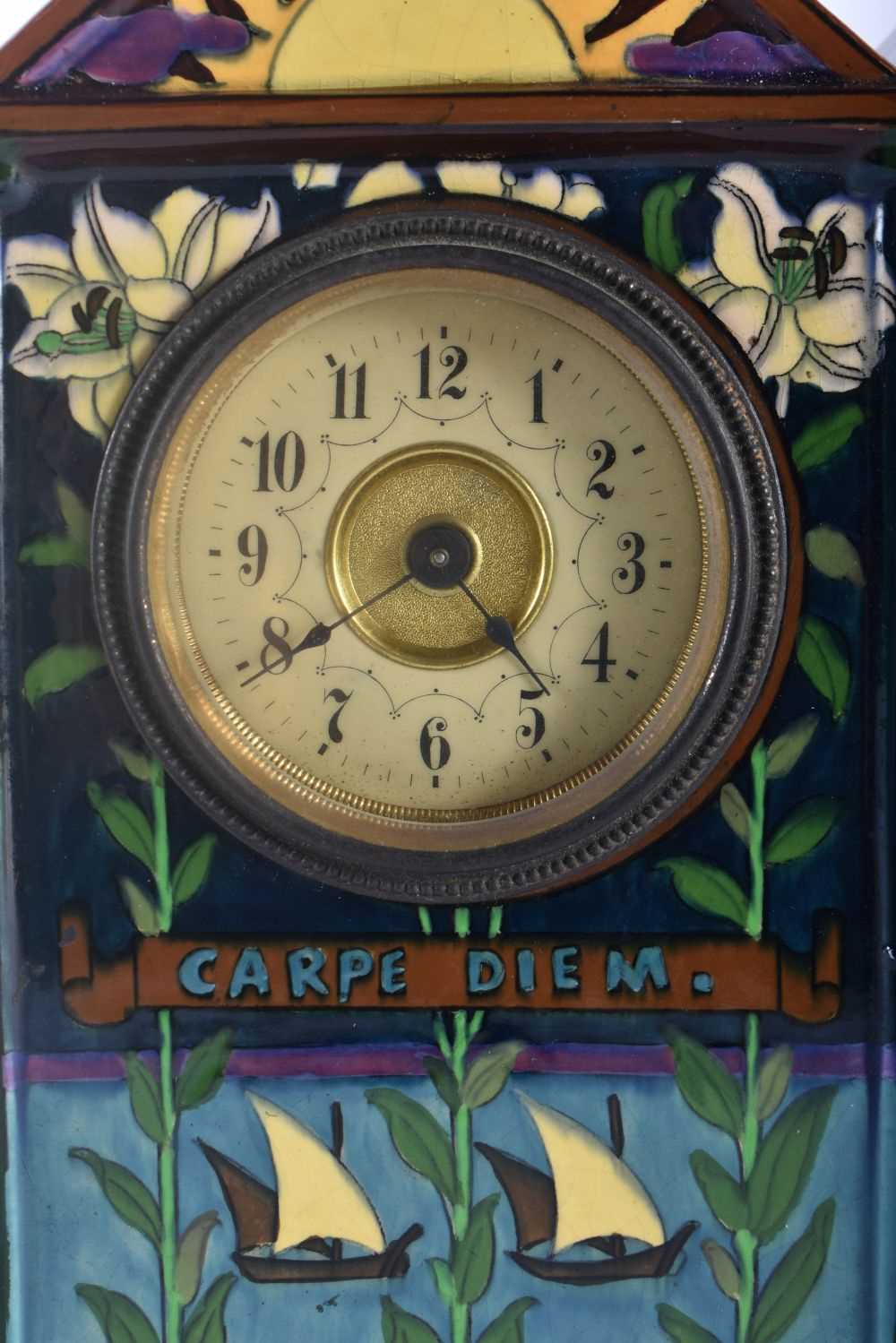 A LARGE EARLY 20TH CENTURY FOLEY INTARSIO CARPE DIEM POTTERY CLOCK C1900 designed by Frederick - Image 3 of 7