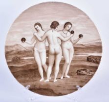 A VERY RARE ANTIQUE MINTON PORCELAIN PLATE unusually painted with three nudes within a landscape.