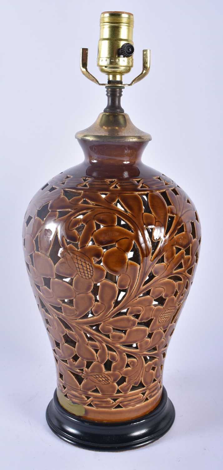 A CHINESE BROWN GLAZED RETICULATED LAMP decorated with foliage. 42 cm high. - Image 2 of 4