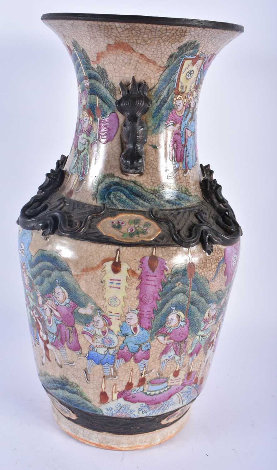 A 19TH CENTURY CHINESE CRACKLE GLAZED PORCELAIN VASE Qing, painted with warriors in a landscape. - Image 2 of 5