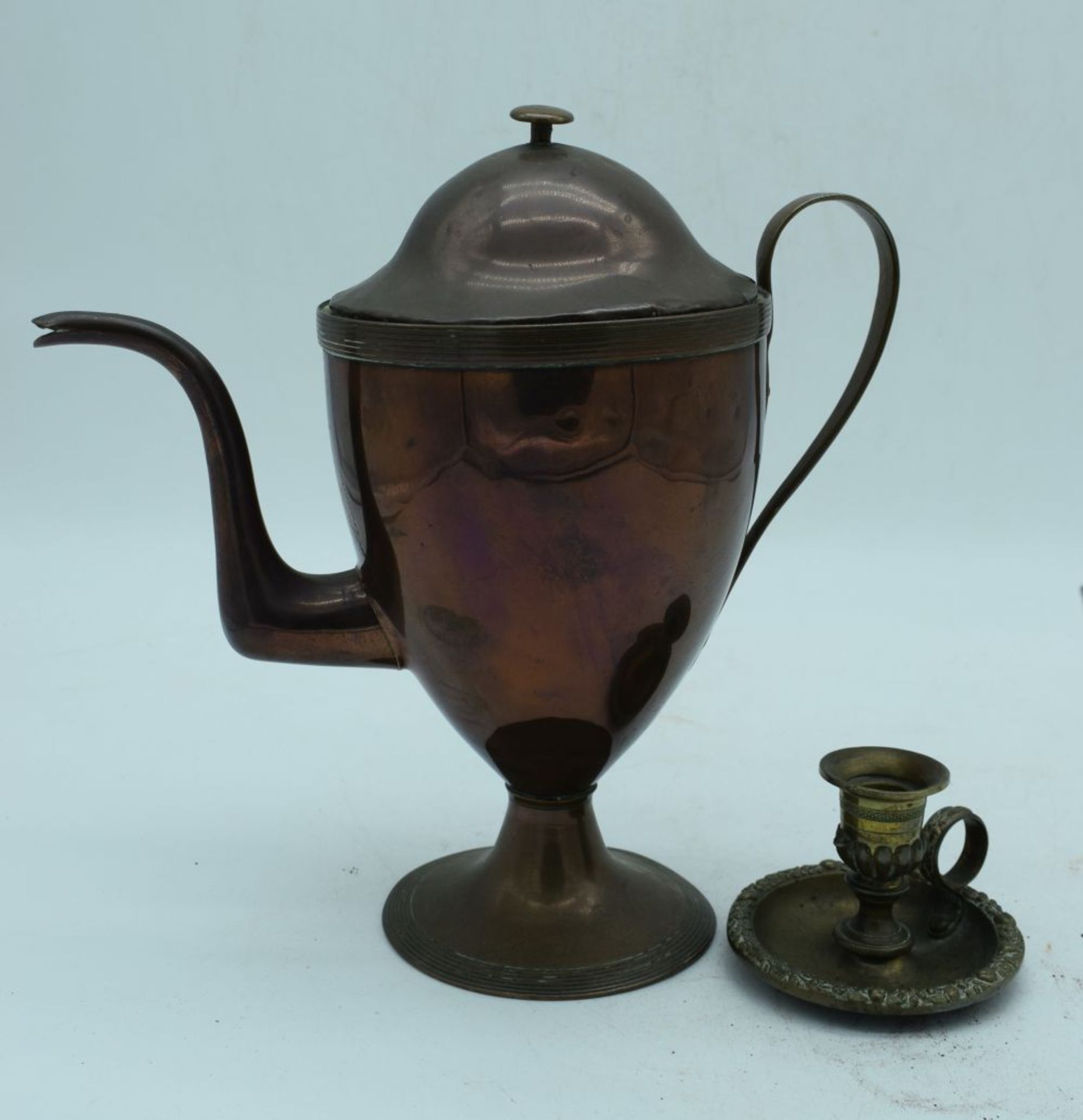 An antique copper Aran jug together with an antique Iron, copper kettle , Kettle Trivet etc - Image 9 of 10