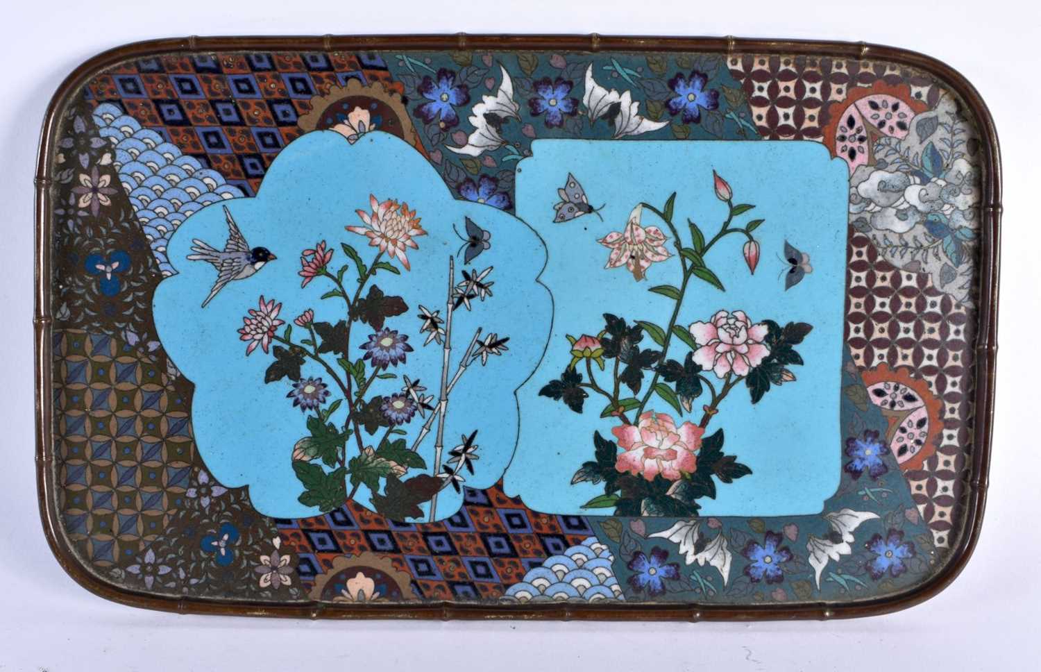 A RARE PAIR OF 19TH CENTURY JAPANESE MEIJI PERIOD CLOISONNE ENAMEL TRAYS decorated with birds and - Image 5 of 8