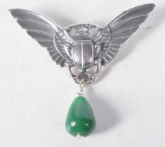 A Silver Winged Beetle Brooch with a Jade Droplet. Stamped Sterling. 5 cm x 4cm, weight 11.8g