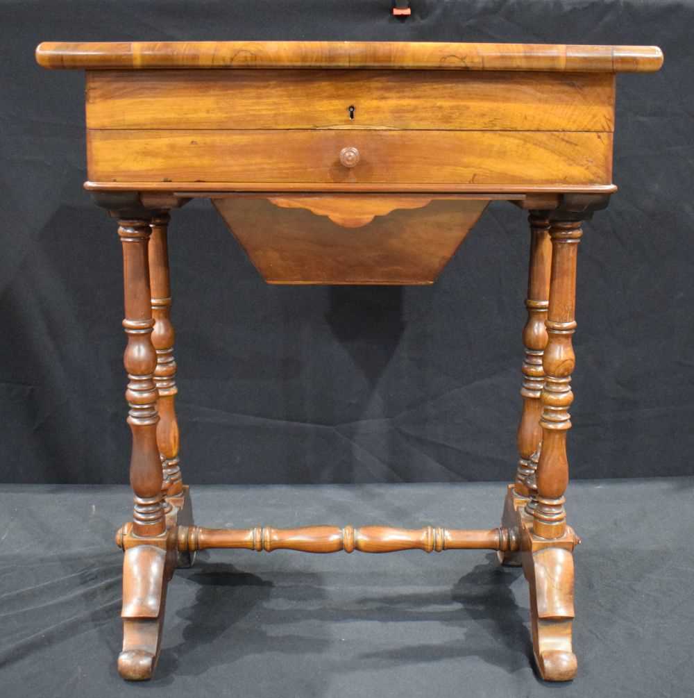 A Victorian Flame mahogany top opening , one drawer work table 70.5 x 60 x 41 cm. - Image 2 of 18