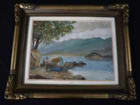 An Italian 20th Century framed oil on canvas of a lake scene signed Maziani 27 x 37 cm