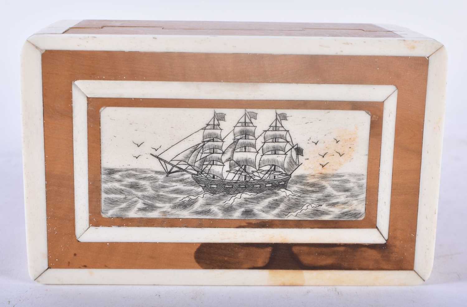 AN UNUSUAL MARITIME CARVED WOOD AND BONE SCRIMSHAW CASKET decorated with a galleon at sea. 11cm x - Image 2 of 3