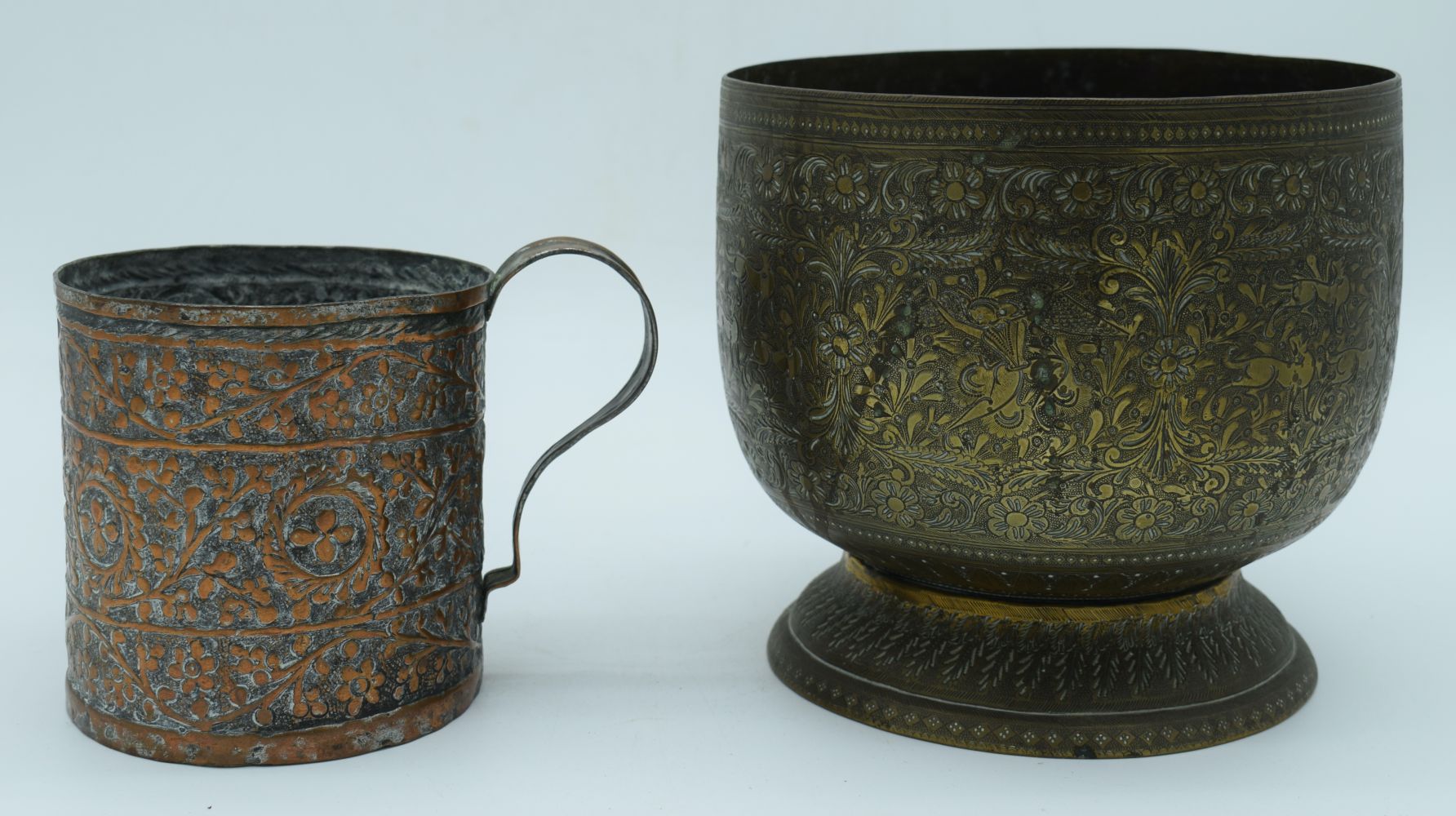 A 19th Century Repousse copper tankard together with an Indian engraved brass bowl largest 16 cm - Image 5 of 6