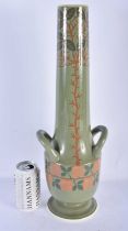 A VERY LARGE SECESSIONIST MOVEMENT TWIN HANDLED POTTERY VASE painted with motifs and trees. 48 cm