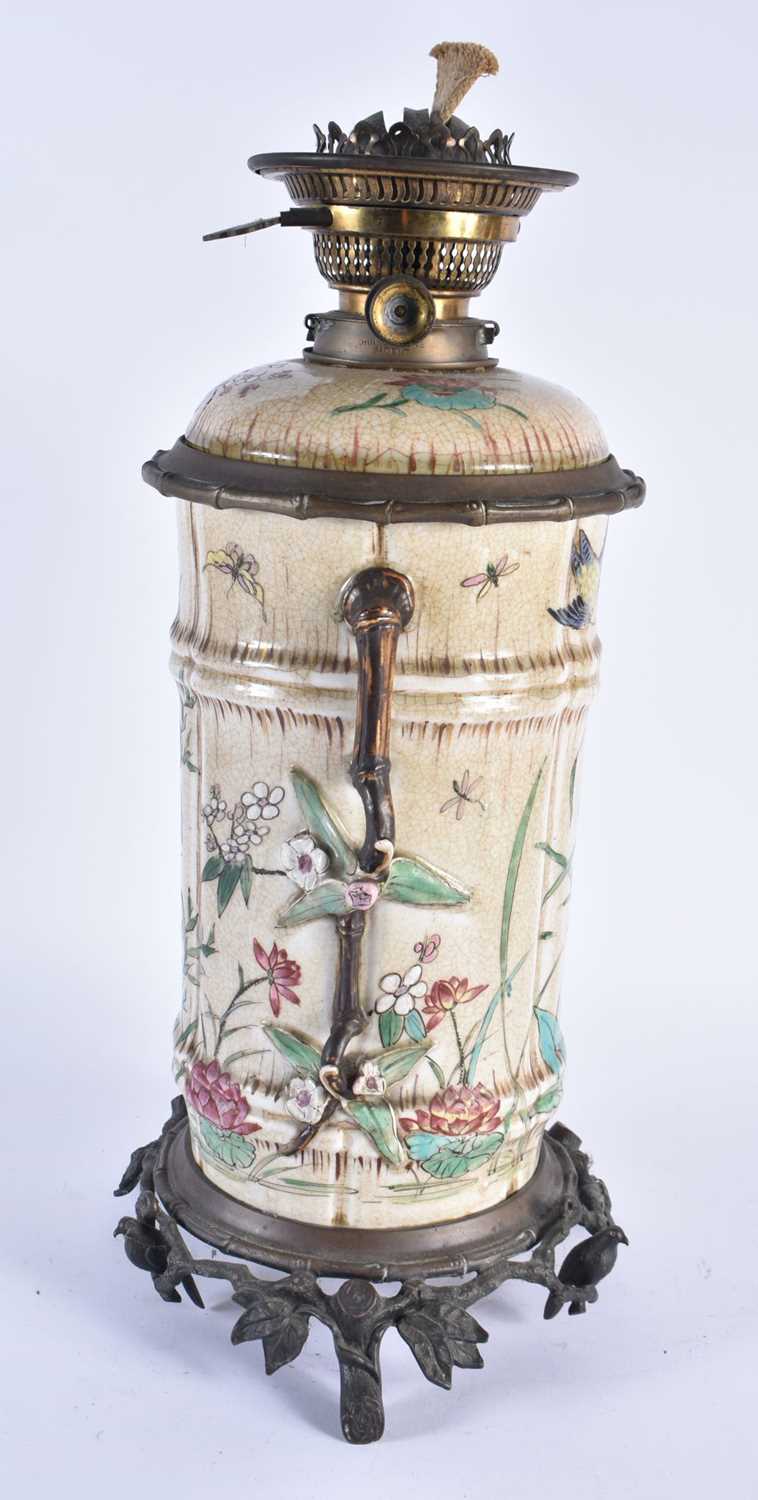 A LARGE 19TH CENTURY JAPANESE MEIJI PERIOD SATSUMA OIL LAMP painted with birds and flowers. 44 cm - Image 2 of 17
