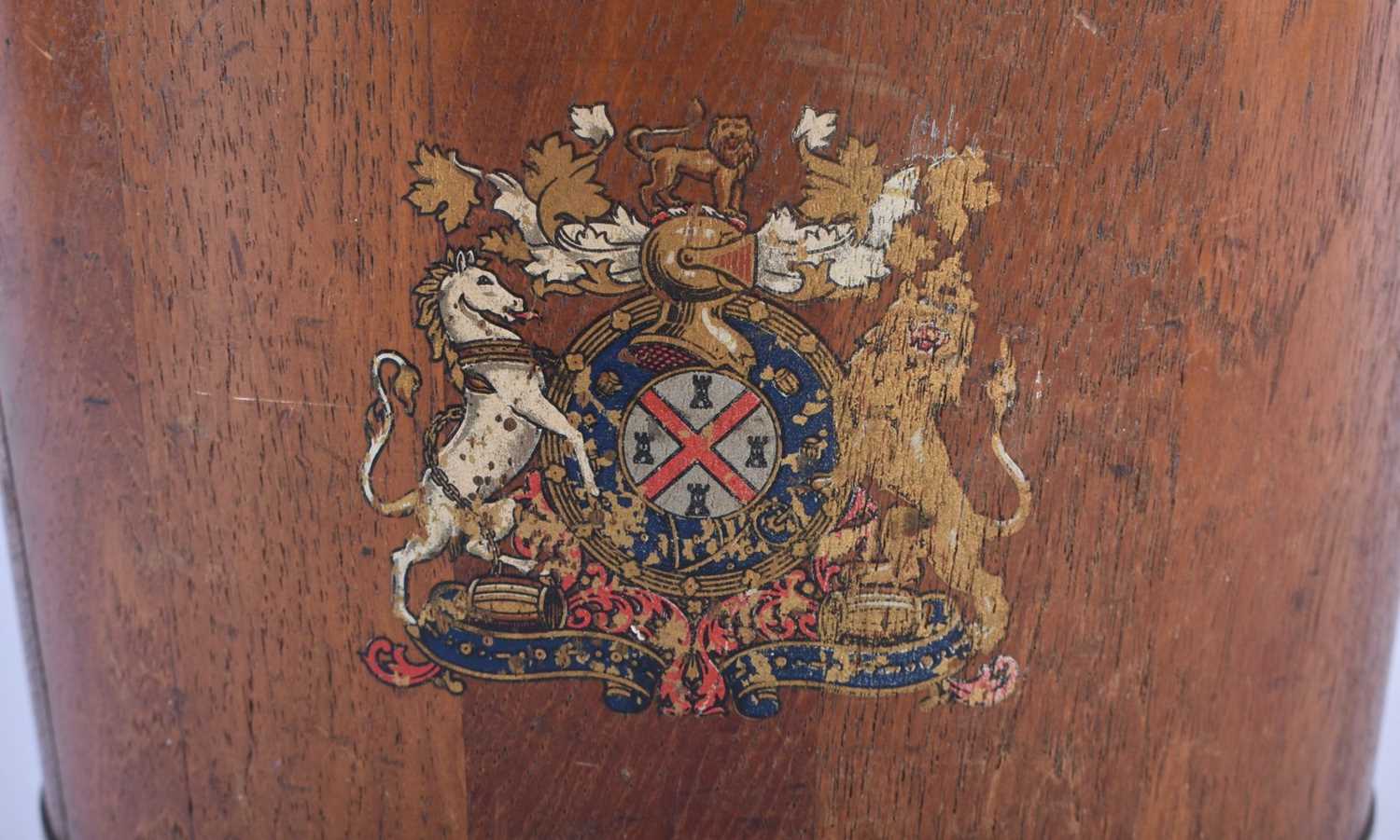 AN EDWARDIAN COUNTRY HOUSE OAK AND BRASS BOUND NAVAL FIRE BUCKET painted with a coat of arms. 34 - Image 2 of 5