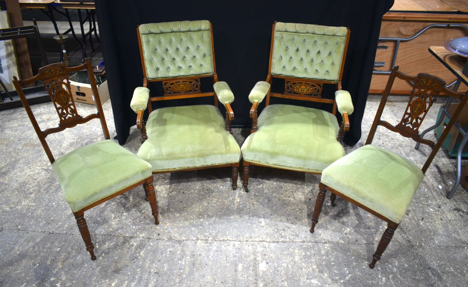 A collection of Edwardian wooden framed Upholstered armchairs with wood inlay to back (4).