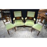 A collection of Edwardian wooden framed Upholstered armchairs with wood inlay to back (4).