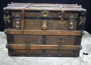 A 19th Century leather coated wooden trunk with wooden banding 65 x 88 x 53 cm.