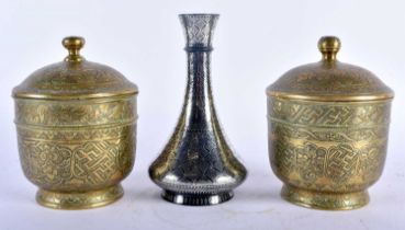 A 19TH CENTURY MIDDLE EASTERN SILVER INLAID BIDRI WARE VASE together with a pair of engraved