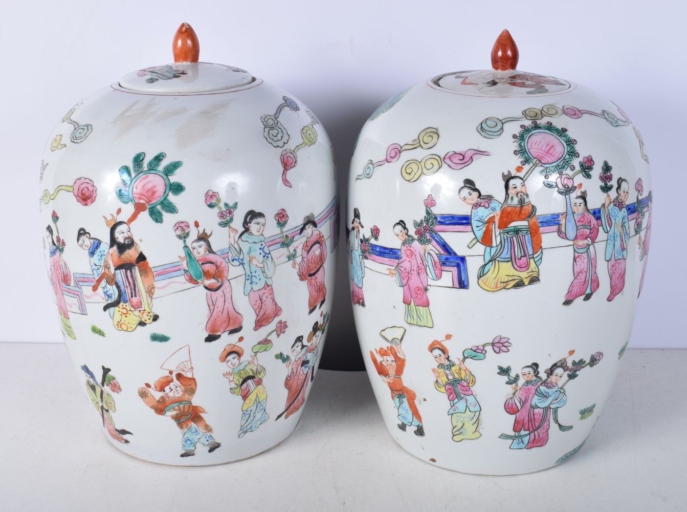 A pair of Chinese porcelain polychrome lidded jars decorated with figures 30cm (2). - Image 5 of 6