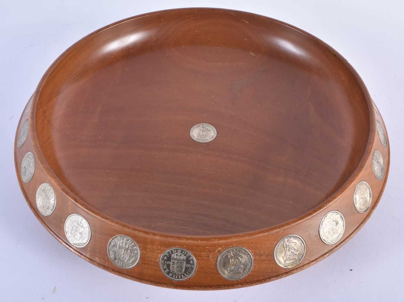 A SCOTTISH DUNDEE SILVER AND TURNED WOOD COIN BOWL. 30cm diameter. - Image 2 of 5