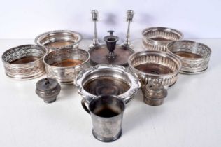A Quantity of Sheffield Plate including Sever Wine Coasters, Three Candlesticks, A Christening