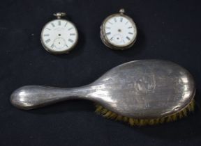 A Silver backed brush together with two pocket watches one silver 22 cm (3)