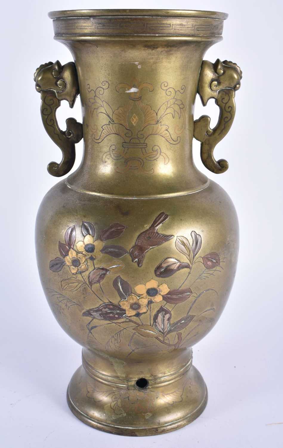 A LARGE 19TH CENTURY JAPANESE MEIJI PERIOD MIXED METAL BRONZE VASE inlaid with foliage. 30cm x 12 - Image 3 of 5