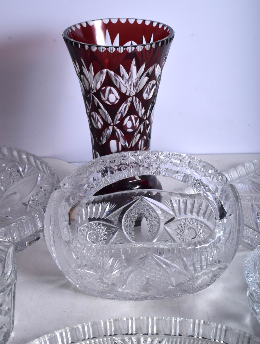 A collection of lead crystal glass items together with a Bohemian overlay glass vase largest 26cm - Image 7 of 8