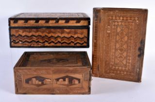 A COLLECTION OF THREE ANTIQUE PRISONER OF WAR EUROPEAN STRAW WORK BOX AND COVERS, one being a