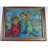 European School (20th Century) Oil on board, possibly Irish, Lovers in a landscape. 90 cm x 70 cm.