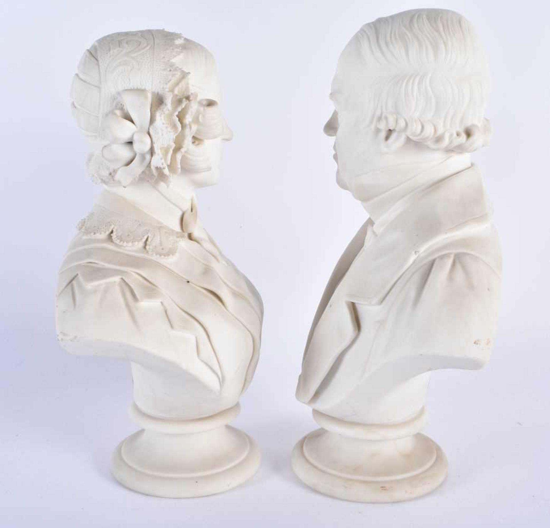 A PAIR OF 19TH CENTURY KERR & BINNS WORCESTER PARIAN WARE BUSTS modelled as a male and female. - Image 2 of 6