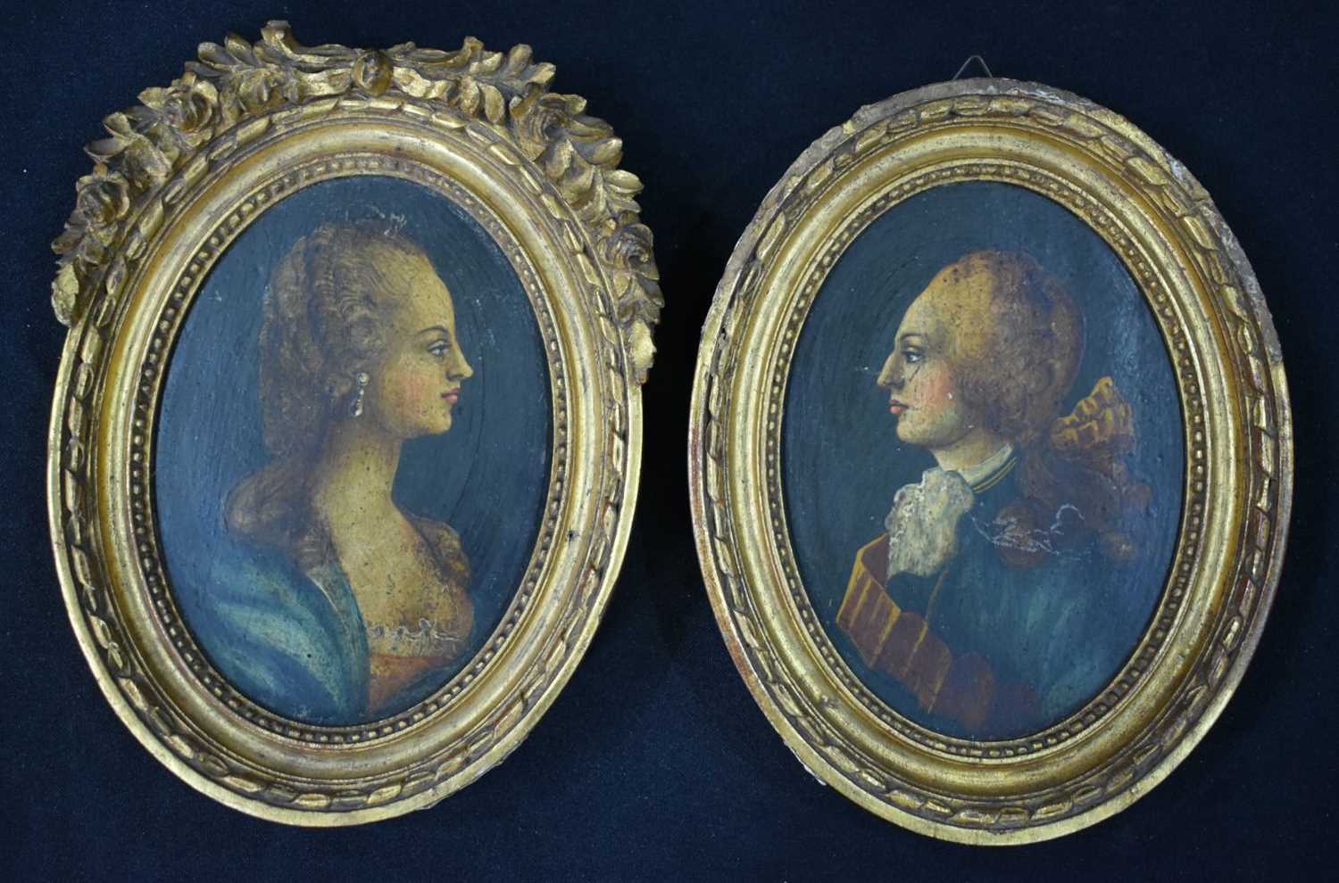 A pair of small framed oil on board portraits possibly Jacobite period 13 x 9 cm (2) - Image 2 of 12