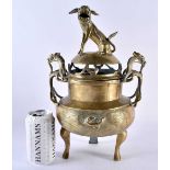 A LARGE 19TH CENTURY CHINESE TWIN HANDLED BRONZE CENSER AND COVER bearing Xuande marks to base, with