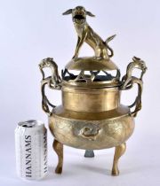 A LARGE 19TH CENTURY CHINESE TWIN HANDLED BRONZE CENSER AND COVER bearing Xuande marks to base, with