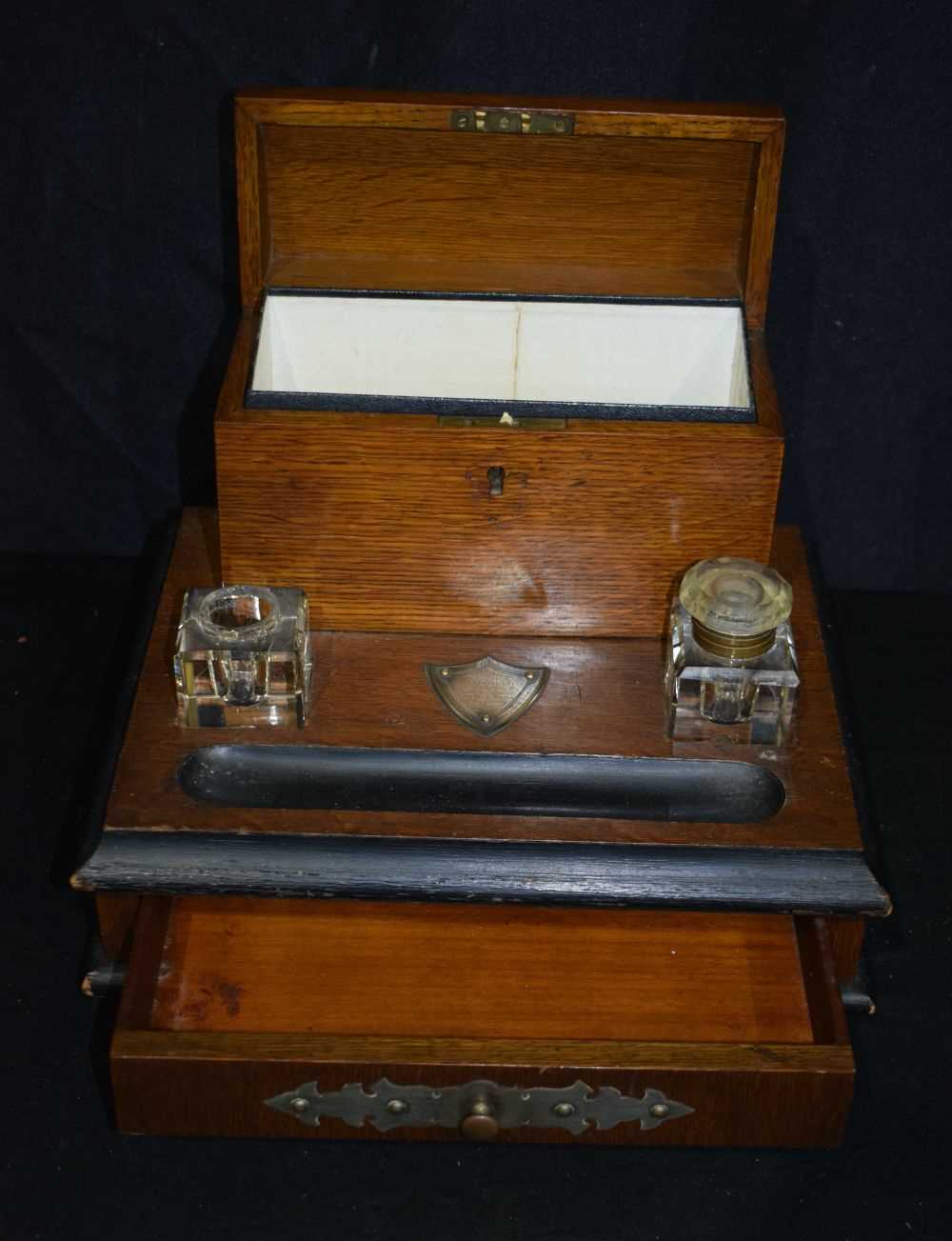 A 19th Century Oak Desk top stationary stand with a silver presentation plaque dated 1880 25 x 31 - Image 3 of 8