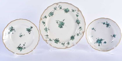 Chelsea Derby plate painted with festoons of green roses, gold anchor mark, and two puce mark