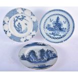 THREE 18TH CENTURY DELFT TIN GLAZED POTTERY PLATES one painted with a single figure, two painted
