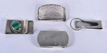 Two Silver Money Clips together with 2 Silver Belt Buckles. Stamped Sterling. Largest 5.1cm x 3.2