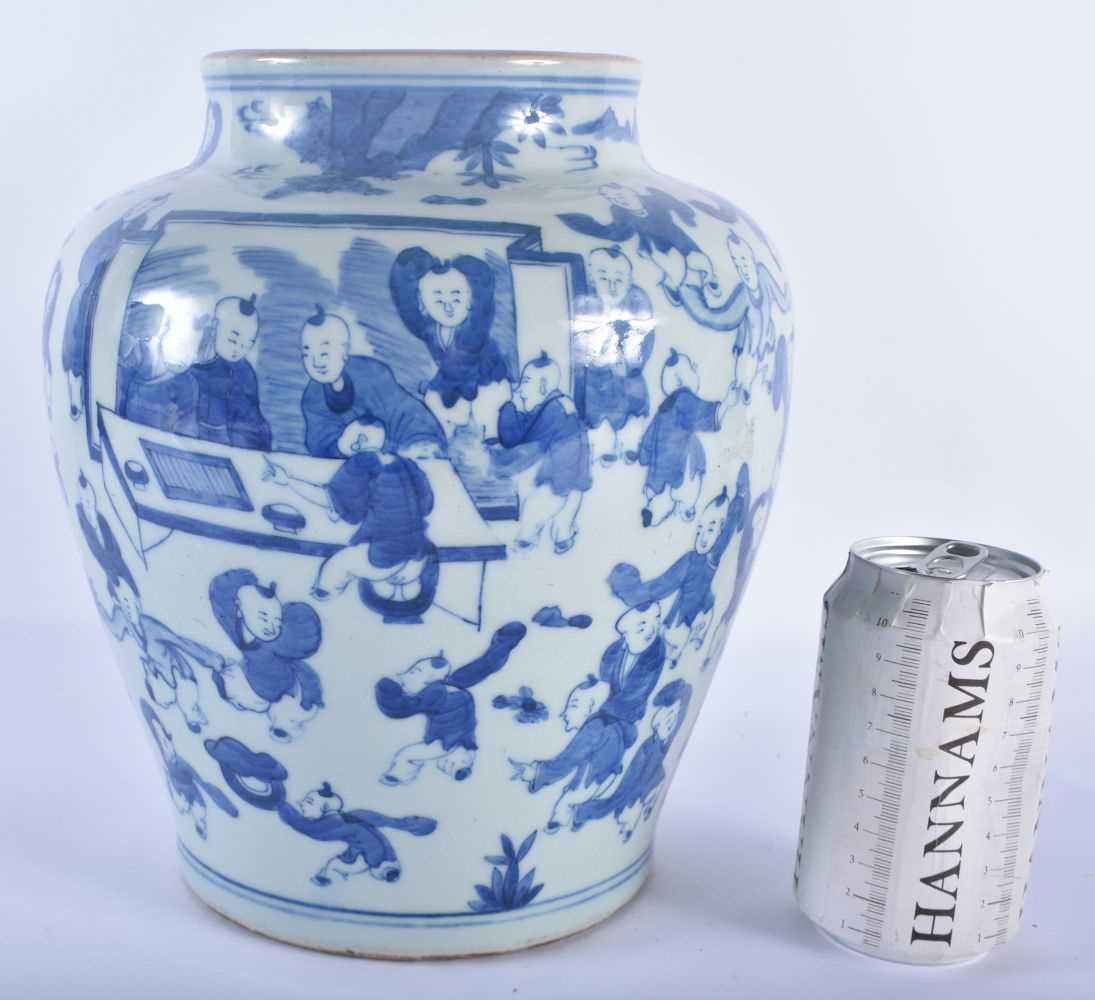 A CHINESE BLUE AND WHITE 100 BOYS PORCELAIN VASE probably 19th century, bearing King marks to