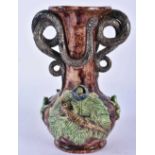 A19TH CENTURY PORTUGUESE MAJOLICA MAFRA TWIN HANDLED VASE overlaid with serpents. 18cm x 11cm.