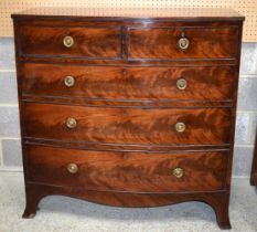 A 19th Century bow flame mahogany 5 drawer chest 108 x 108 x 50 cm.