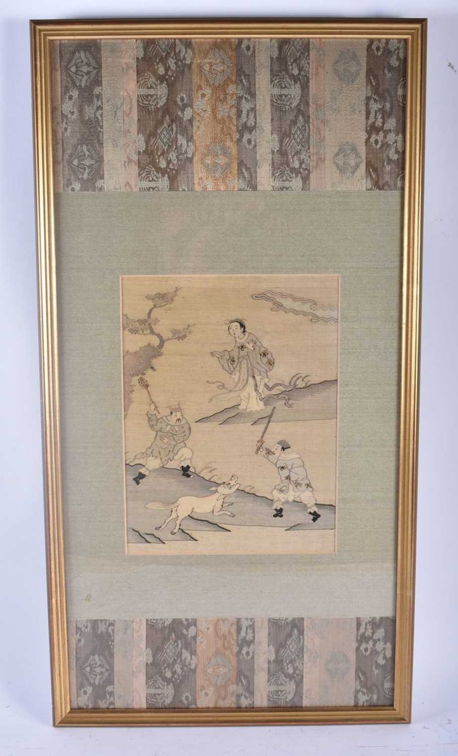AN 18TH/19TH CENTURY CHINESE KESI SILK EMBROIDERED PANEL Qing, depicting three figures and an animal