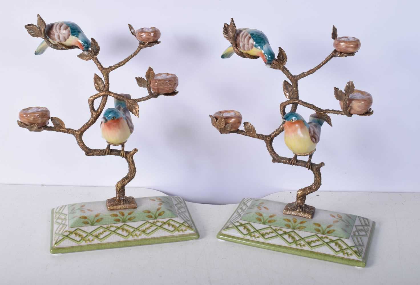 A pair of gilt metal and porcelain birds ornaments 26 x 19 cm (2). - Image 2 of 8