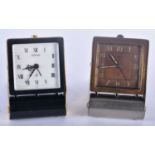 TWO VINTAGE JAEGER LE COULTRE TRAVELLING CLOCKS. 8.75 cm x 5.5 cm. (2)