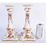 A LARGE PAIR OF ROYAL CROWN DERBY OLD AVESBURY PORCELAIN CANDLESTICKS. 27 cm high.