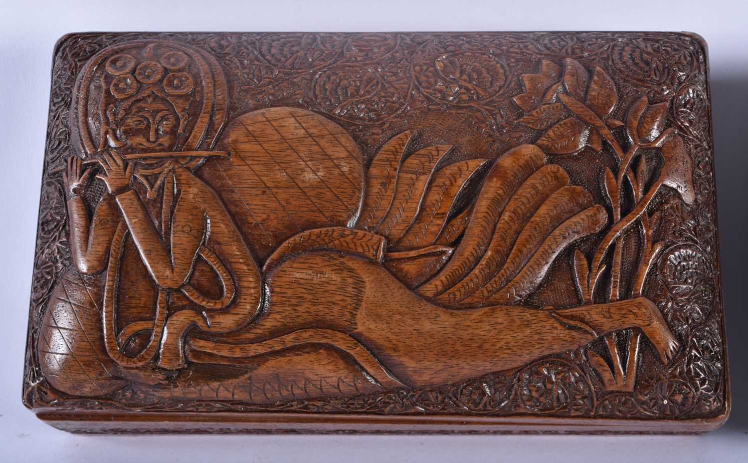 A PAIR OF 19TH CENTURY ANGLO INDIAN BURMESE ASIAN CARVED WOOD CASKETS decorated in relief with - Image 3 of 5