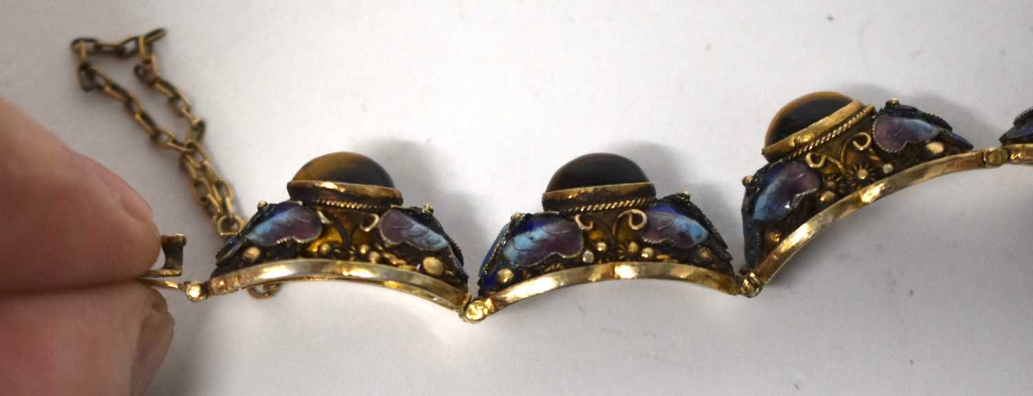 A LATE 19TH CENTURY CHINESE SILVER GILT ENAMEL AND TIGERS EYE BRACELET. 29 grams. 18cm long. - Image 14 of 15