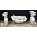 A pair of Italian Agostino Papini stone bench pillars together with a Conch shell water feature