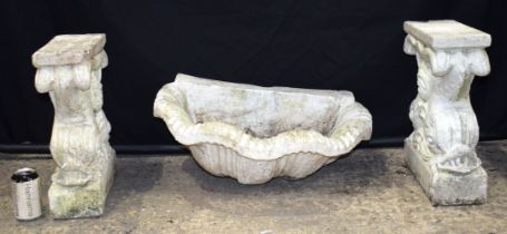A pair of Italian Agostino Papini stone bench pillars together with a Conch shell water feature