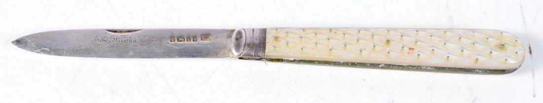 A Victorian Mother of Pearl Handled Folding Fruit Knife with Silver Blade. Hallmarked Sheffield