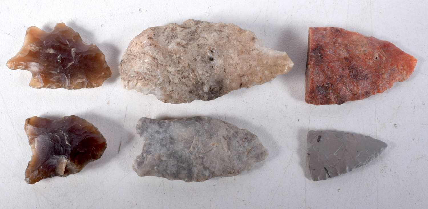 Six Stone Age Flint Arrowheads.  Largest 4.6 cm x 2.2 cm (6)