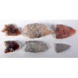 Six Stone Age Flint Arrowheads.  Largest 4.6 cm x 2.2 cm (6)